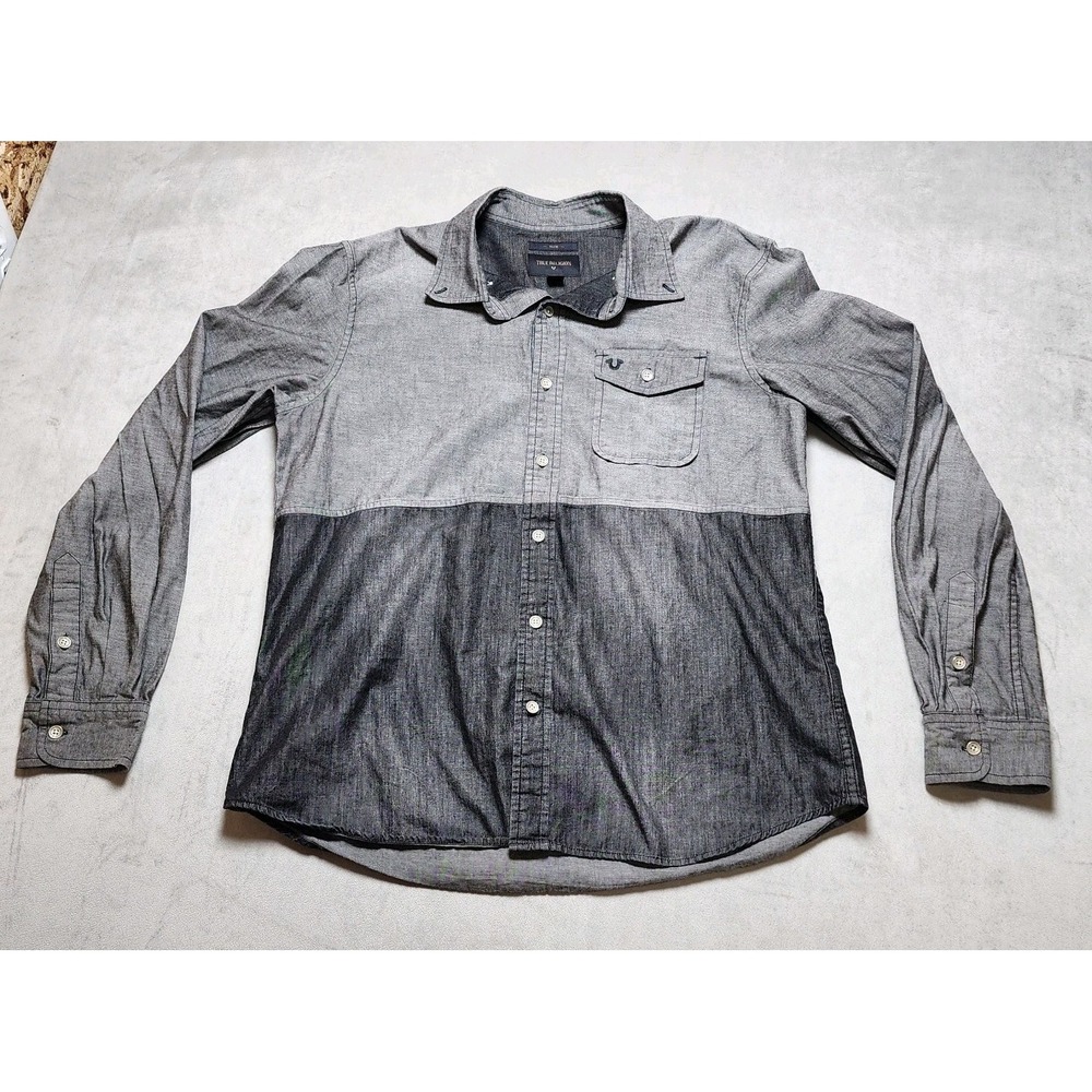 True Religion Western Shirt Mens M Gray Black Slim Fit‎ Color Block Button Up